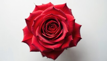 Naklejka premium A single red rose in full bloom is shown from above against a clean white backdrop. Its velvety petals are tightly furled at the center, creating a classic floral shape.