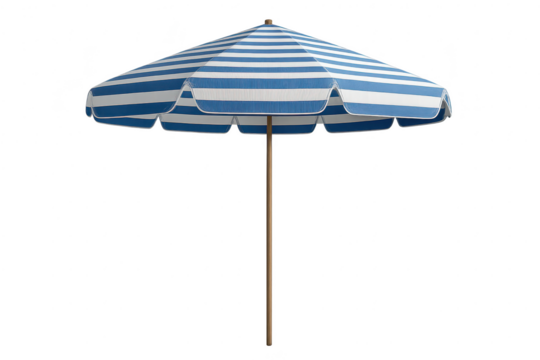 Blue and white striped beach umbrella isolated on transparent background stock photo