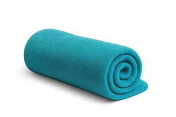 Rolled turquoise blanket isolated on a transparent background, cozy textile