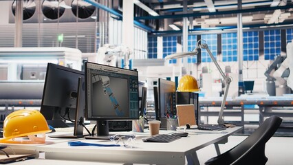 PC display running live metrics in renewable energy high tech facility, tracking solar panel assembly progress. Monitoring photovoltaics factory engineering workspace to ensure seamless production.