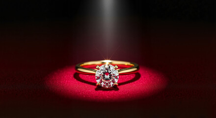 Solitaire diamond engagement ring glowing under dramatic vertical spotlight beam on dark red surface representing exclusive proposal with copy space