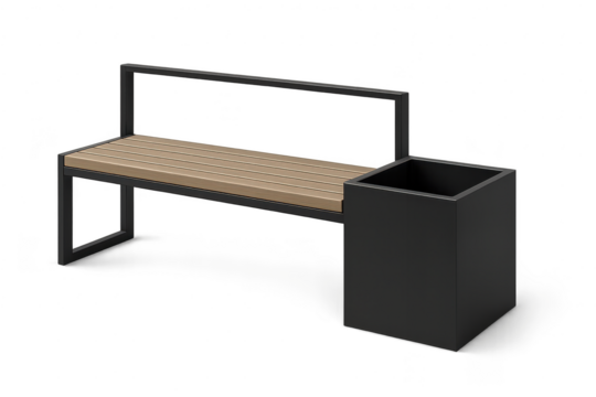Modern park bench with a trash bin isolated on transparent background, black steel