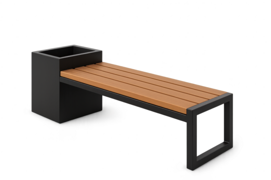 Modern park bench with black metal frame isolated on transparent background