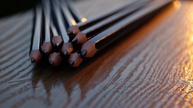 A collection of sharpened pencils rests in a neat arrangement on a glossy wooden surface, reflecting warm light. The polished tips of the pencils create an inviting atmosphere for