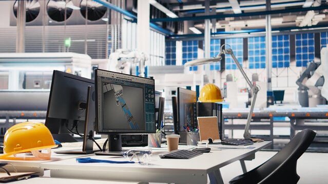 PC display running live metrics in renewable energy high tech facility, tracking solar panel assembly progress. Monitoring photovoltaics factory engineering workspace to ensure seamless production.