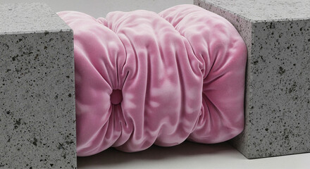 Soft pink velvet cushion squeezed tightly between rough grey concrete blocks representing resilience under pressure with copy space