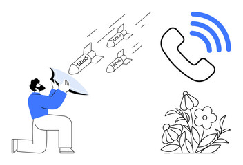 Person using shield to block cyberattack missiles labeled DDoS, a phone symbolizing communication, flowers representing tranquility. Ideal for cybersecurity, technology, communication, nature