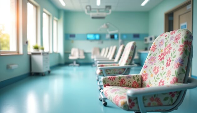 Pediatric ward waiting room with empty recliners. Medical chairs with floral patterns wait for young patients receiving dialysis or infusion therapy. Clean clinic area with windows, medical equipment.
