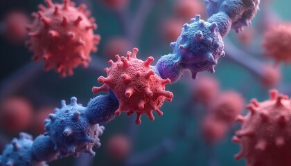 Microscopic view of viruses in vibrant colors. Detailed illustration highlights viral structures interactions. Concept for scientific medical research educational purposes. Colorful image for