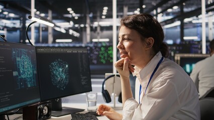 Excited data center engineer dancing in office chair after achieving breakthrough results on AI project. Jolly server room worker celebrating successful artificial intelligence deployment, camera A