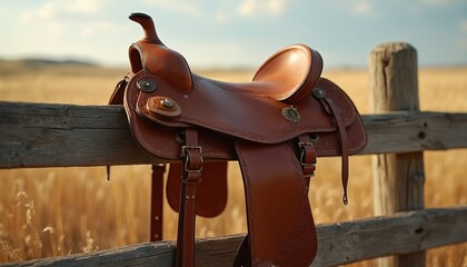 Rich brown leather western saddle with ornate details rests on rustic wooden fence post. Golden wheat fields stretch to distant hills under wide summer blue sky. Equestrian gear traditional cowboy