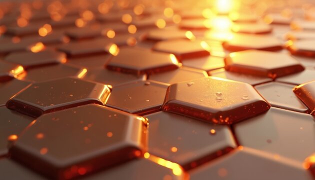Geometric pattern in copper tone creates modern backdrop. Hexagonal shapes tile seamlessly. Shiny surface reflects light. Abstract design looks like honeycomb metallic structure. Futuristic surface