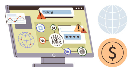 Computer screen displaying warning icons, malware, phishing, analytics, and cybersecurity alerts. Ideal for hacking, online safety, cybercrime, internet threats secure browsing global risks simple
