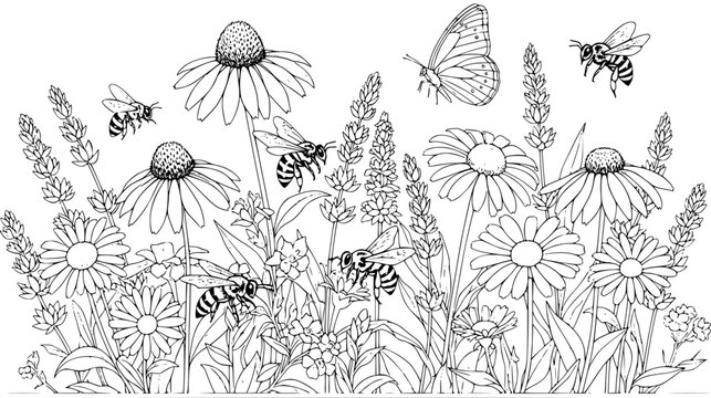 Wildflowers with Bees and Butterfly View Black and White Outline Line Art Drawing Botanical Engraving

