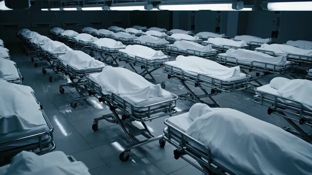 Dozens of Bodies Covered in White Sheets Lined Up on Stretcher Carts in a Large Dark Hall with Overhead Lighting and a Sense of Gloom