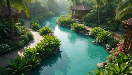 Tropical luxury resort features winding turquoise lazy river. Green plants, tall palm trees, vibrant flowers line traditional wooden gazebos, paved pathways. Serene exotic vacation spot offers calm