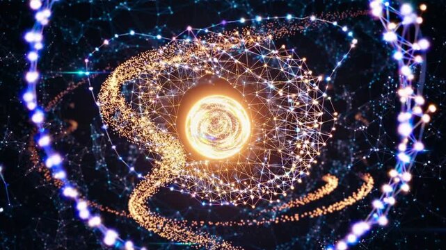 A sphere of golden light swirls amidst a dazzling array of interconnected stars and bright nodes, creating a cosmic dance. The mesmerizing display captivates the viewer with its ra