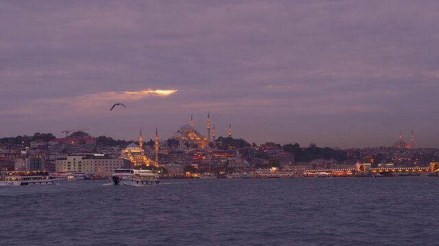 Golden Hour Sunset Over Istanbul Skyline With Bosphorus Mosques And Bridges