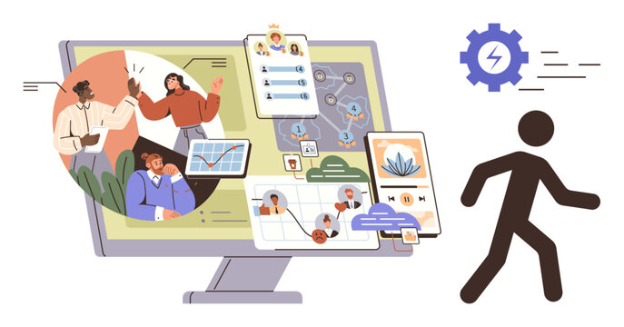 Diverse team collaboration, task management tools, interconnected visuals on a computer screen, and progress symbol. Ideal for teamwork, technology, productivity, workflow, strategy management