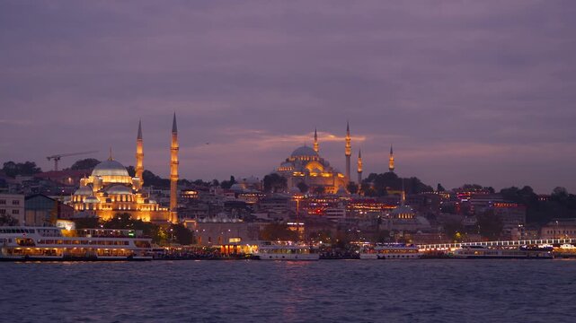 Golden Hour Sunset Over Istanbul Skyline With Bosphorus Mosques And Bridges