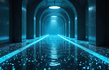 Long futuristic hall features water-covered floor. Blue light particles glow on surface, creating reflections. Arched tunnel creates deep tech atmosphere. Modern pathway design with ambient sci-fi