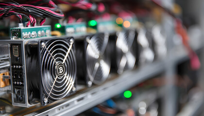 Naklejka premium Bitcoin crypto mining rig. A closeup shot of a server rack with multiple fans and lights. The main subject is a row of computer hardware components, including fans, cooling units