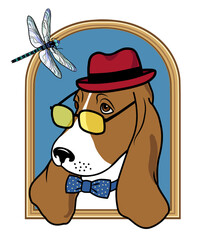 Hand drawing  cute dog  in hat with dragonfly.