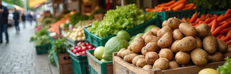 Outdoor street market stall shows fresh potatoes, carrots, lettuce, radishes. People walk past produce, buying healthy food. German town street shopping scene.