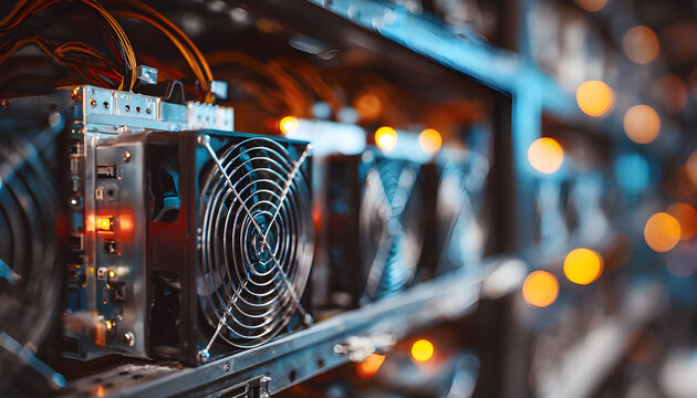 Bitcoin crypto mining rig. A closeup shot of a server rack with multiple fans and lights. The main subject is a row of computer hardware components, including fans, cooling units
