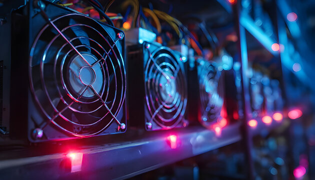 Bitcoin crypto mining rig. A closeup shot of a server rack with multiple fans and lights. The main subject is a row of computer hardware components, including fans, cooling units