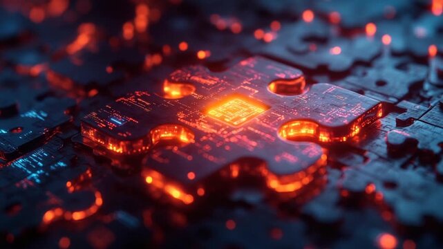 Glowing puzzle piece with intricate circuitry design