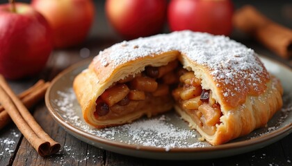 Warm apple strudel cut open with flaky crust, sweet fruit filling. This delicious baked dessert is on rustic plate dusted with powdered sugar. Cozy homemade pastry with red apples, cinnamon sticks.