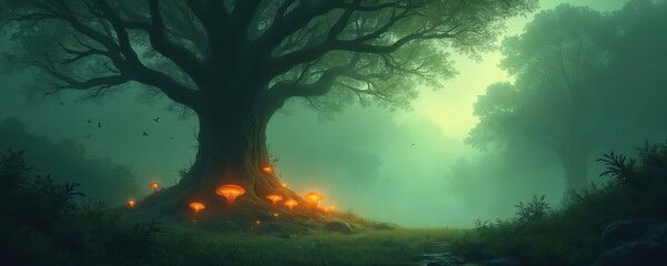 Fototapeta premium Misty green forest scene with large ancient tree bioluminescent mushrooms glowing at base. Birds fly through ethereal fog sunlight filters down.