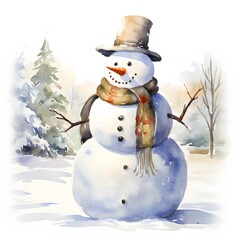 Watercolor snowman standing in the snow with a hat and scarf in a forest