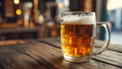 A closeup shot of a glass mug filled with beer on a wooden table. The mug is filled with a golden liquid, possibly beer, and has a frothy head
