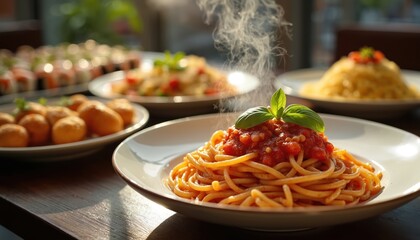 Steaming hot spaghetti with rich tomato sauce, fresh green basil leaf on elegant plate. Delicious variety of international food, including sushi rolls, dishes, on dark wooden restaurant table.