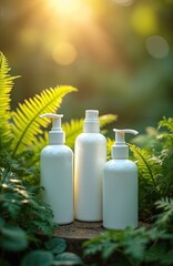 Cosmetic bottles stand in green nature. White containers for lotion or shampoo on wood. Natural skincare product concept with plants. Eco friendly cosmetology, wellness products advertising.