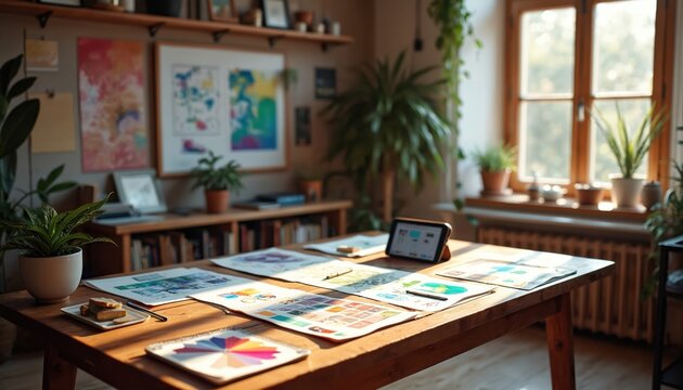 Artist studio with wooden table full of sketches, color palettes and tablet. Natural light from window, green plants add calm atmosphere. Creative workspace for designers and illustrators. - Powered by Adobe