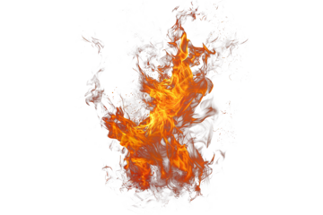Bright intense fireball explosion with swirling flames and thick smoke, isolated PNG for action artwork, compositing, and realistic visual effects