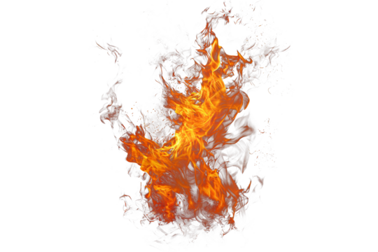 Bright intense fireball explosion with swirling flames and thick smoke, isolated PNG for action artwork, compositing, and realistic visual effects