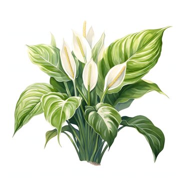 Peace lily plant showcases pristine white flowers and variegated green leaves