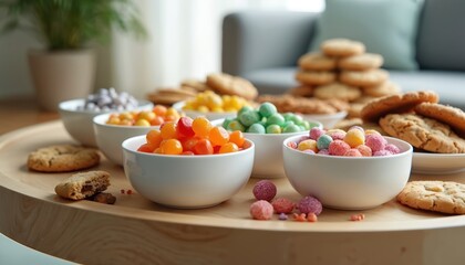 Bowls filled with colorful candy and cookies arranged on a wooden table. Assorted sweet treats offer variety. Healthy options contrast with sugary snacks for mindful eating choices.