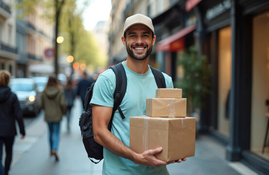 Smiling deliveryman holds parcel boxes on city street. He wears a cap and backpack ready for fast local delivery. Online order shipment service for customers.