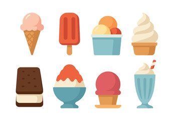 Ice cream dessert selection, sundaes and cones, flat vector illustration