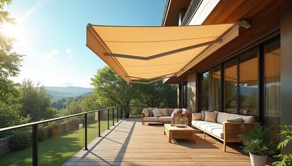 Obraz premium Outdoor terrace with sunshade awning, sofas, nature view. Residential patio lounge area. Modern house exterior, relaxation zone. Balcony with furniture under awning. Comfortable summer home space,