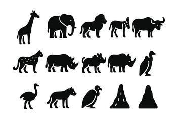Fototapeta premium Safari Animal Icons. Safari animals. Solid icon set of Safari animals: giraffe, elephant, lion, zebra, cheetah, rhinoceros, warthog, buffalo, ostrich, hyena,