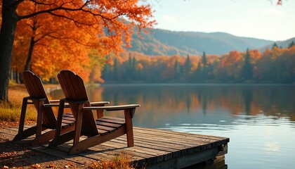 Two wooden chairs on dock by lake. Autumn trees with orange leaves surround calm water. Mountains in background. Wooden pier extends into lake. Peaceful scene with reflection in water. Nature