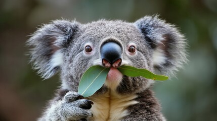 A koala with a leaf mustache strikes a funny pose