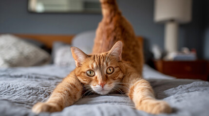 Stretching orange cat enjoying a cozy morning on the bed