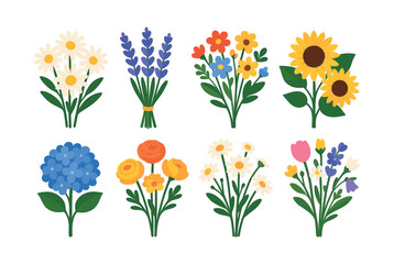 Obraz premium Daisy and sunflower vector illustration, floral bouquet, spring flowers, flat vector style